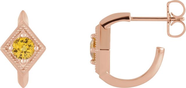 14K Gold Round Natural Yellow Sapphire Geometric Hoop Earrings - Rose Gold