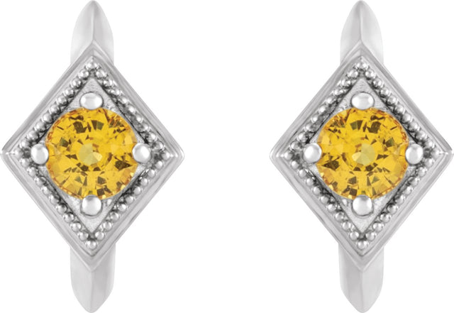 14K Gold Round Natural Yellow Sapphire Geometric Hoop Earrings - White Gold - view 2