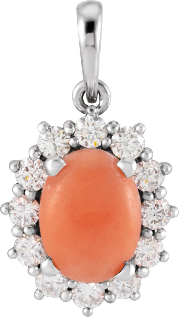 14K Gold Oval Natural Pink Coral & Natural Diamond Halo-Style Necklace or Pendant - White Gold