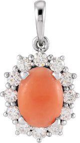 Platinum Oval Natural Pink Coral & Natural Diamond Halo-Style Necklace or Pendant