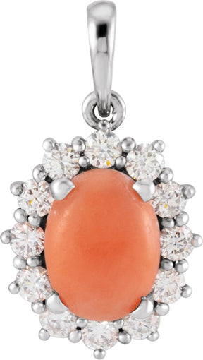 Platinum Oval Natural Pink Coral & Natural Diamond Halo-Style Necklace or Pendant