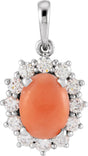 Platinum Oval Natural Pink Coral & Natural Diamond Halo-Style Necklace or Pendant