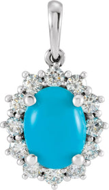 14K Gold Oval Natural Turquoise & Natural Diamond Halo-Style Necklace or Pendant – 8x6mm - White Gold