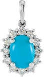 14K Gold Oval Natural Turquoise & Natural Diamond Halo-Style Necklace or Pendant – 8x6mm - White Gold