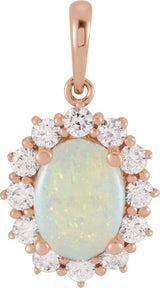 14K Gold Oval Natural White Opal & Natural Diamond Halo-Style Necklace or Pendant – 8x6mm - Rose Gold