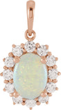14K Gold Oval Natural White Opal & Natural Diamond Halo-Style Necklace or Pendant – 8x6mm - Rose Gold