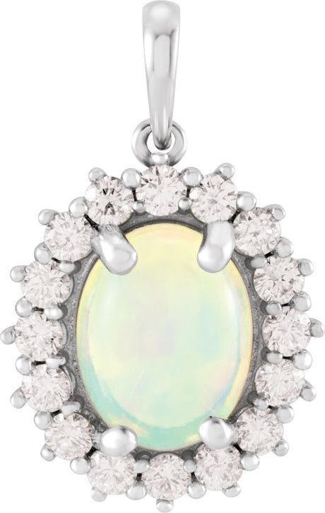 Platinum Oval Natural Ethiopian Opal & Natural Diamond Halo-Style Necklace or Pendant – 8x6mm