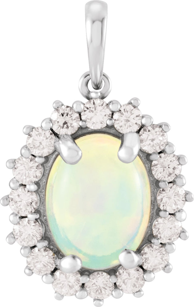 Platinum Oval Natural Ethiopian Opal & Natural Diamond Halo-Style Necklace or Pendant – 8x6mm
