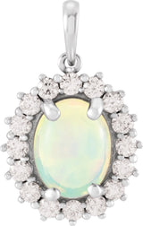 14K Gold Oval Natural Ethiopian Opal & Natural Diamond Halo-Style Necklace or Pendant – 8x6mm - White Gold