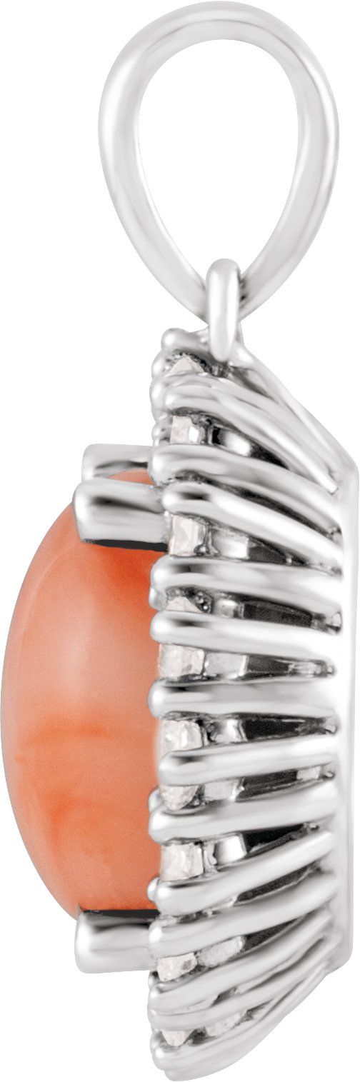 Platinum Oval Natural Pink Coral & Natural Diamond Halo-Style Necklace or Pendant - view 2