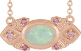 14K Gold Oval Natural Ethiopian Opal & Natural Pink Sapphire Vintage-Inspired Necklace – 7x5mm - Rose Gold
