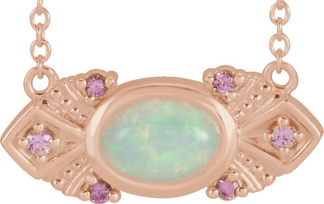 14K Gold Oval Natural Ethiopian Opal & Natural Pink Sapphire Vintage-Inspired Necklace – 7x5mm - Rose Gold
