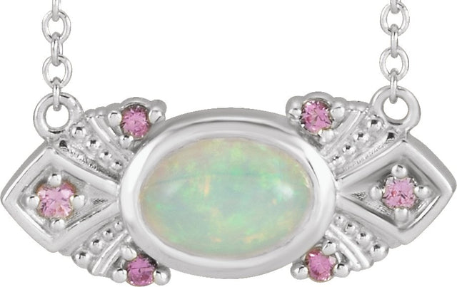 14K Gold Oval Natural Ethiopian Opal & Natural Pink Sapphire Vintage-Inspired Necklace – 7x5mm - White Gold