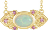 14K Gold Oval Natural Ethiopian Opal & Natural Pink Sapphire Vintage-Inspired Necklace – 7x5mm - Yellow Gold