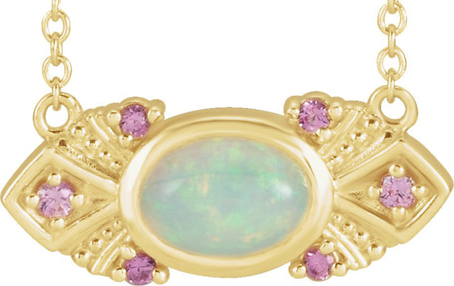 14K Gold Oval Natural Ethiopian Opal & Natural Pink Sapphire Vintage-Inspired Necklace – 7x5mm - Yellow Gold