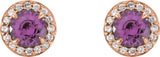 14K Gold Natural Amethyst Round 4-Prong Halo-Style Earrings – 3.5-5mm Stones - Rose Gold - view 4