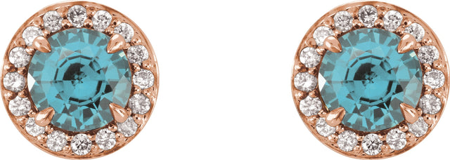 14K Gold Natural Aquamarine Round 4-Prong Halo-Style Earrings – 3.5-5mm Stones - Rose Gold - view 4