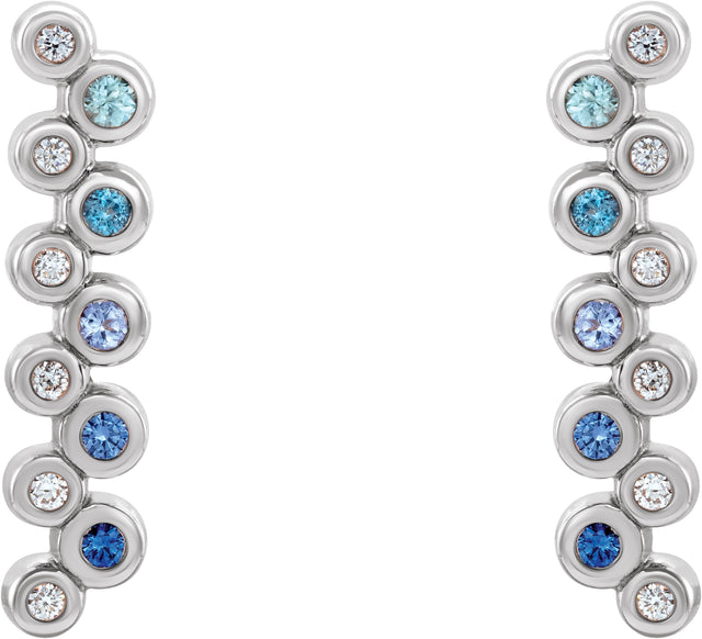 14K Gold Round Natural Blue Multi-Gemstone Bezel-Set Bar Earrings - White Gold - view 5