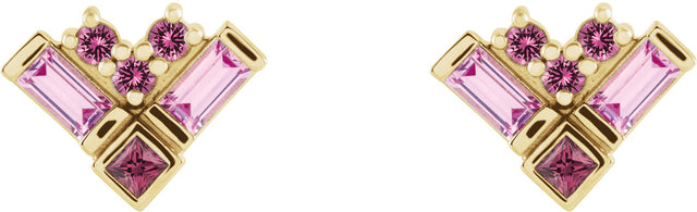 14K Gold Natural Pink Multi-Gemstone Cluster Earrings - Yellow Gold - view 2