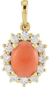14K Gold Oval Natural Pink Coral & Natural Diamond Halo-Style Necklace or Pendant - Yellow Gold