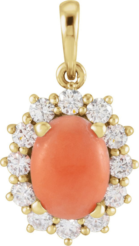 14K Gold Oval Natural Pink Coral & Natural Diamond Halo-Style Necklace or Pendant - Yellow Gold