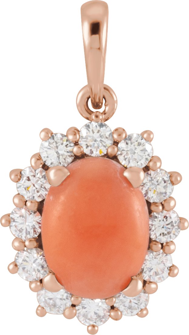 14K Gold Oval Natural Pink Coral & Natural Diamond Halo-Style Necklace or Pendant - Rose Gold