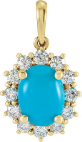 14K Gold Oval Natural Turquoise & Natural Diamond Halo-Style Necklace or Pendant – 8x6mm - Yellow Gold
