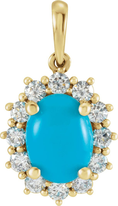 14K Gold Oval Natural Turquoise & Natural Diamond Halo-Style Necklace or Pendant – 8x6mm - Yellow Gold