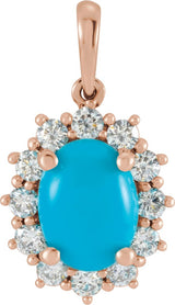 14K Gold Oval Natural Turquoise & Natural Diamond Halo-Style Necklace or Pendant – 8x6mm - Rose Gold