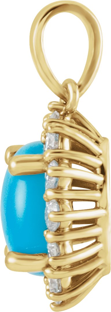 14K Gold Oval Natural Turquoise & Natural Diamond Halo-Style Necklace or Pendant – 8x6mm - Yellow Gold - view 2