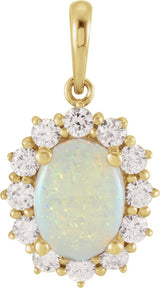 14K Gold Oval Natural White Opal & Natural Diamond Halo-Style Necklace or Pendant – 8x6mm - Yellow Gold