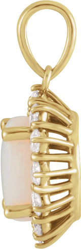 14K Gold Oval Natural White Opal & Natural Diamond Halo-Style Necklace or Pendant – 8x6mm - Yellow Gold - view 2
