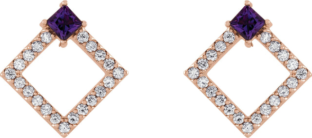 14K Gold Square Natural Amethyst Accented Geometric Earrings - Rose Gold - view 7