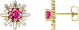 14K Gold Round Natural Pink Tourmaline & Natural Diamond Halo-Style Star Earrings – 5mm Stones - Yellow Gold