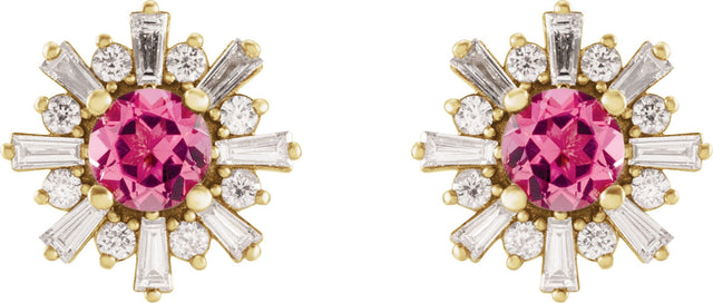 14K Gold Round Natural Pink Tourmaline & Natural Diamond Halo-Style Star Earrings – 5mm Stones - Yellow Gold - view 2