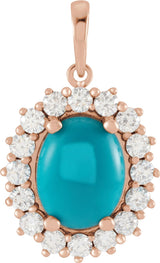 14K Gold Oval Natural Turquoise & Natural Diamond Halo-Style Necklace or Pendant – 8x6mm - Rose Gold