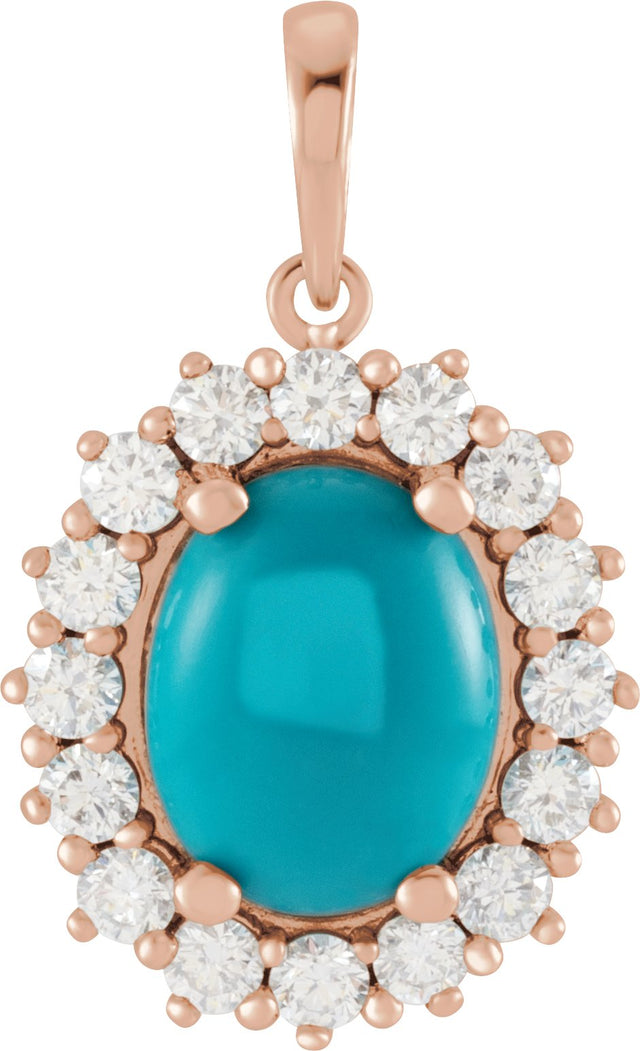 14K Gold Oval Natural Turquoise & Natural Diamond Halo-Style Necklace or Pendant – 8x6mm - Rose Gold