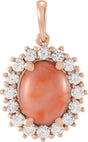 14K Gold Oval Natural Pink Coral & Natural Diamond Halo-Style Necklace or Pendant - Rose Gold
