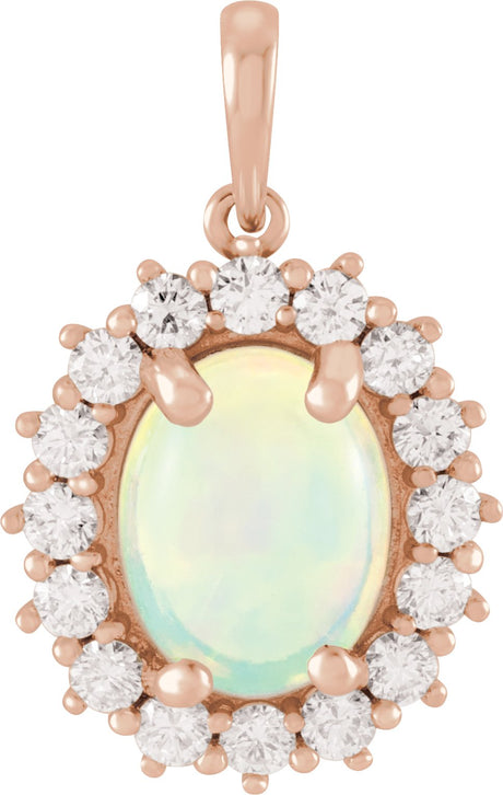 14K Gold Oval Natural Ethiopian Opal & Natural Diamond Halo-Style Necklace or Pendant – 8x6mm - Rose Gold