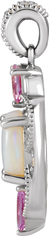 14K Gold Oval Natural White Opal & Natural Pink Sapphire & Natural Diamond Vintage-Inspired Necklace or Pendant - White Gold - view 2