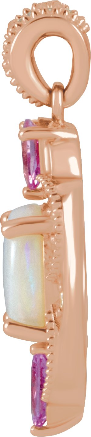 14K Gold Oval Natural White Opal & Natural Pink Sapphire & Natural Diamond Vintage-Inspired Necklace or Pendant - Rose Gold - view 2