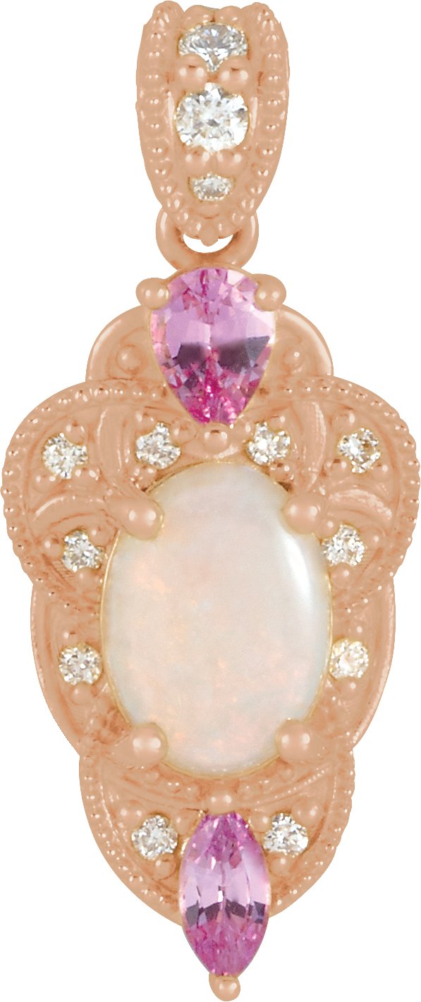 14K Gold Oval Natural White Opal & Natural Pink Sapphire & Natural Diamond Vintage-Inspired Necklace or Pendant - Rose Gold