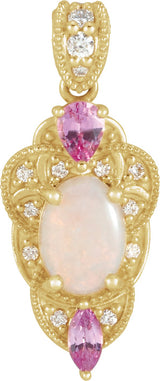 14K Gold Oval Natural White Opal & Natural Pink Sapphire & Natural Diamond Vintage-Inspired Necklace or Pendant - Yellow Gold