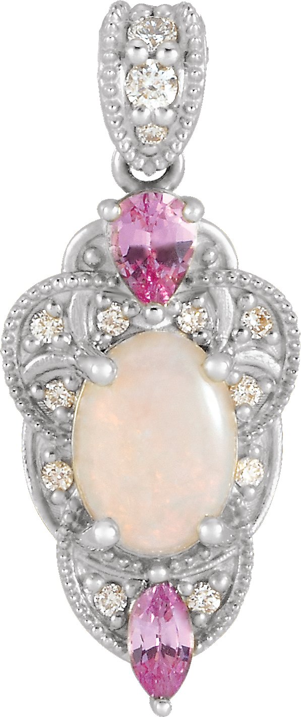 14K Gold Oval Natural White Opal & Natural Pink Sapphire & Natural Diamond Vintage-Inspired Necklace or Pendant - White Gold