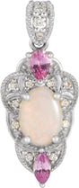 14K Gold Oval Natural White Opal & Natural Pink Sapphire & Natural Diamond Vintage-Inspired Necklace or Pendant - White Gold