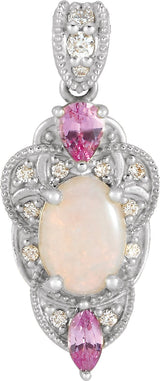 Platinum Oval Natural White Opal & Natural Pink Sapphire & Natural Diamond Vintage-Inspired Necklace or Pendant