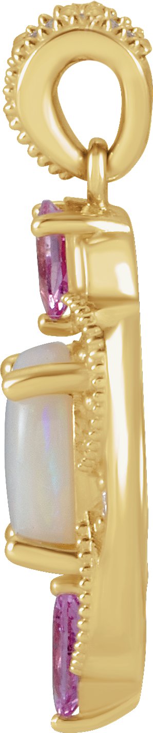 14K Gold Oval Natural White Opal & Natural Pink Sapphire & Natural Diamond Vintage-Inspired Necklace or Pendant - Yellow Gold - view 2