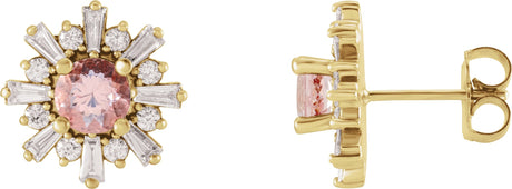 14K Gold Round Natural Pink Morganite & Natural Diamond Halo-Style Star Earrings - Yellow Gold