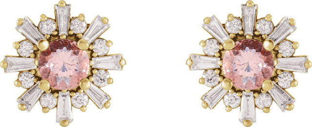 14K Gold Round Natural Pink Morganite & Natural Diamond Halo-Style Star Earrings - Yellow Gold - view 2