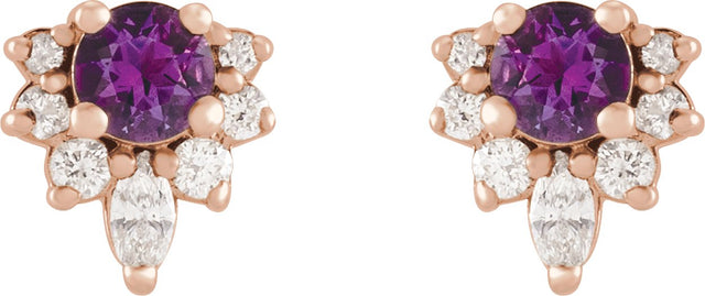 14K Gold Round Natural Amethyst Accented Earrings - Rose Gold - view 6